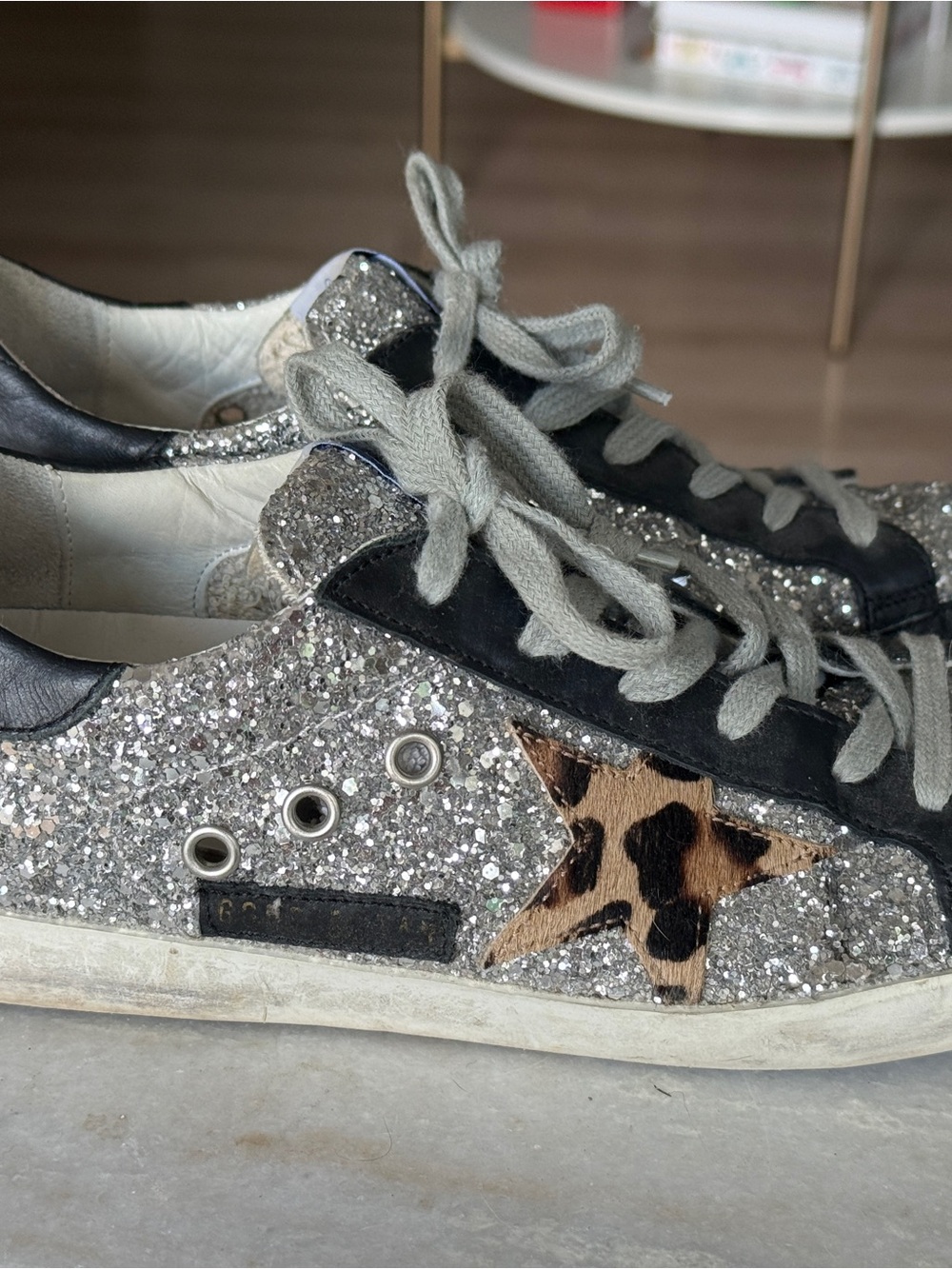 Silver Glitter Golden Goose Sneakers with Leopard Star